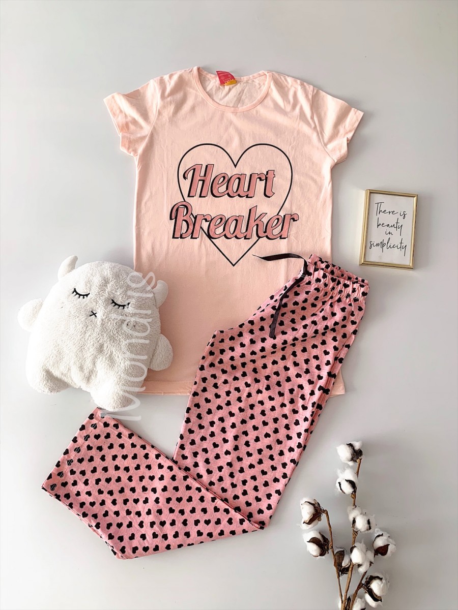Pijama dama din bumbac ieftina lunga cu pantaloni lungi roz si tricou roz cu imprimeu Heart Breaker